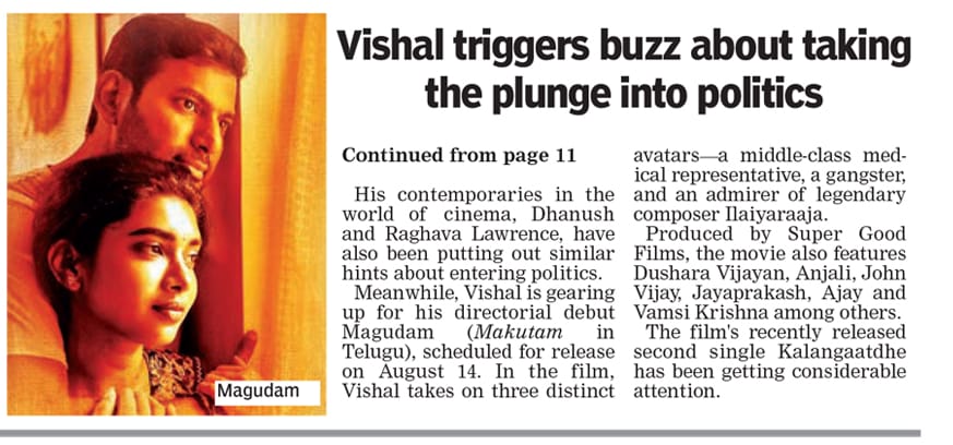 anupama2k's tweet photo. "I will only go on a straightforward path, no shortcuts": @VishalKOfficial sets off buzz about a political plunge ahead of #Magudam. In today's @DeccanChronicle @SuperGoodFilms_ @MagudamOfficial @yoursanjali @officialdushara @gvprakash @ProDharmadurai #Makutam #DirectorVishal https://t.co/Jyoze345xS