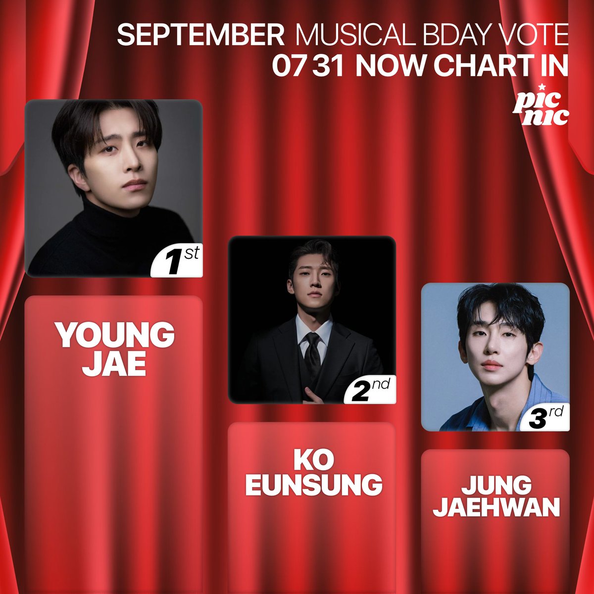picnic_kr's tweet photo. 🎉 September Birthday Musical Artist Vote D-1! 🎉
✨ Charted Artists:
1. #영재 #YOUNGJAE
2. #고은성 #KOEUNSUNG
3. #정재환 #JUNGJAEHWAN

⏰ Voting closes, August 1st, 6 PM (KST)!
📥 Vote now: https://t.co/A1g9eUXaII

#Birthdayvote #생일투표 #뮤지컬배우 #뮤지컬생일 #Picnic #피크닠 https://t.co/WnaEg3ilzO