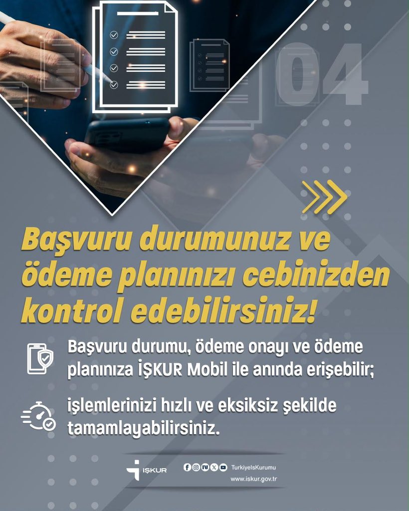 TurkiyeIsKurumu's tweet photo. 📲İŞKUR Mobil ile hizmetlerimize dilediğiniz yerden kolayca erişebilirsiniz!

İşsizlik Ödeneği ve Yarım Çalışma Ödeneği başvurularınızı gerçekleştirebilir, kurs ve programlarımızı inceleyebilir, ödeme durumunuzu hızlı ve güvenli şekilde takip edebilirsiniz.

#İŞKURMobil
#DijitalİŞKUR
#İŞKURdaİşVar