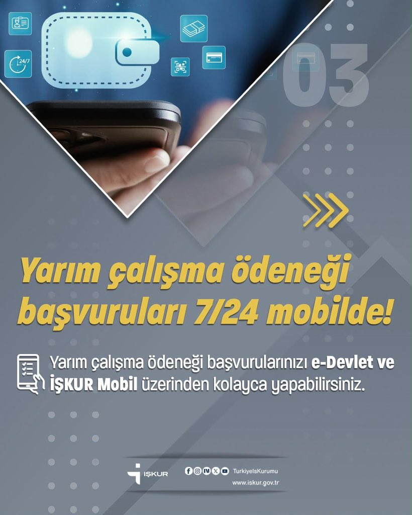 TurkiyeIsKurumu's tweet photo. 📲İŞKUR Mobil ile hizmetlerimize dilediğiniz yerden kolayca erişebilirsiniz!

İşsizlik Ödeneği ve Yarım Çalışma Ödeneği başvurularınızı gerçekleştirebilir, kurs ve programlarımızı inceleyebilir, ödeme durumunuzu hızlı ve güvenli şekilde takip edebilirsiniz.

#İŞKURMobil
#DijitalİŞKUR
#İŞKURdaİşVar