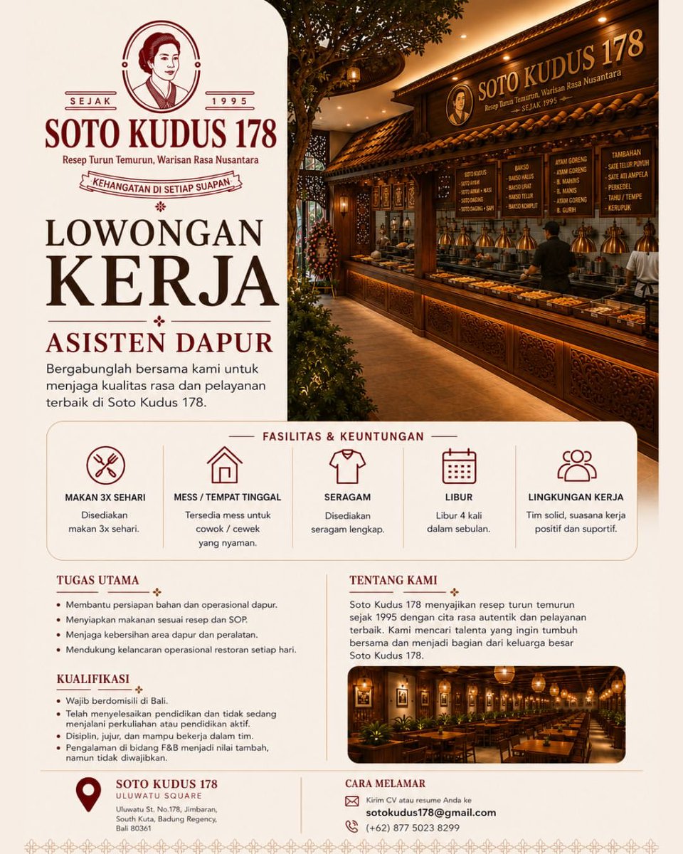 lkr_bali's tweet photo. 📢 LOWONGAN KERJA – ASISTEN DAPUR

Soto Kudus 178 membuka kesempatan bergabung sebagai Asisten Dapur. Tersedia fasilitas makan, mess, seragam, dan lingkungan kerja yang nyaman.

Jika kamu memenuhi kualifikasi, segera kirimkan CV sesuai informasi pada poster. Semoga sukses! 🍽️✨ https://t.co/wSPdbKksX6