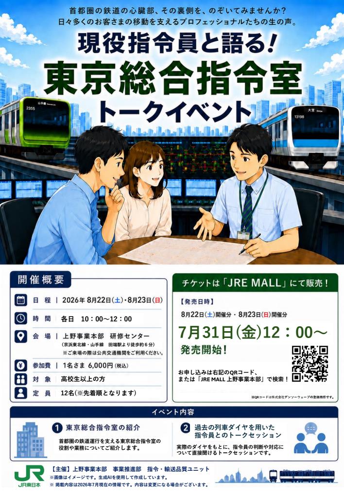 JRE_MALL's tweet photo. 🚆首都圏の鉄道運行を支える「東京総合指令室」の裏側に迫る！
現役指令員とのトークセッションを開催✨ 実際の列車ダイヤをもとに、指令員の判断や対応について直接話が聞ける貴重な機会です！
📅8/22(土)・23(日) 🎫好評発売中！
▼お申し込み(JRE MALLチケット)はこちら
https://t.co/Lmw8K2ybrQ https://t.co/VgtdtAvFnL