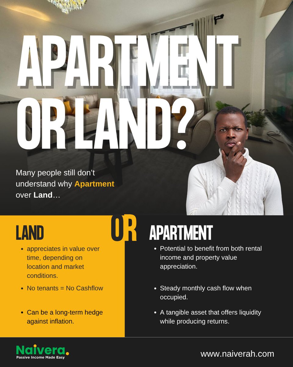 naiverainc's tweet photo. Why buy assets that don't pay you back right away?

When comparing Land vs. Apartments, the major difference comes down to Cash Flow:

🔹 Land: Great long-term hedge against inflation, but no tenants = no immediate cash flow.

🔹 Apartment: Tangible asset that provides high liquidity through consistent monthly rental income while appreciating over time.

Don't let your capital sit idle. Build a portfolio that pays you back every month.