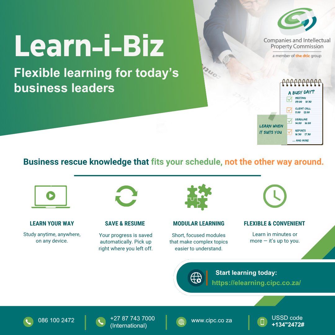 theCIPC's tweet photo. Business Rescue. Flexible learning for today’s business leaders.

Learn anytime, anywhere, at your own pace with the Learn-i-Biz e-learning platform. Strengthen your understanding of Business Rescue through flexible online learning designed to fit your schedule.

🎓 Start learning today! 
Visit the Learn-i-Biz platform and register: https://t.co/QJNoihYOcj

#CIPC#LearniBiz #BusinessRescue #ELearning #BusinessLeadership #ProfessionalDevelopment