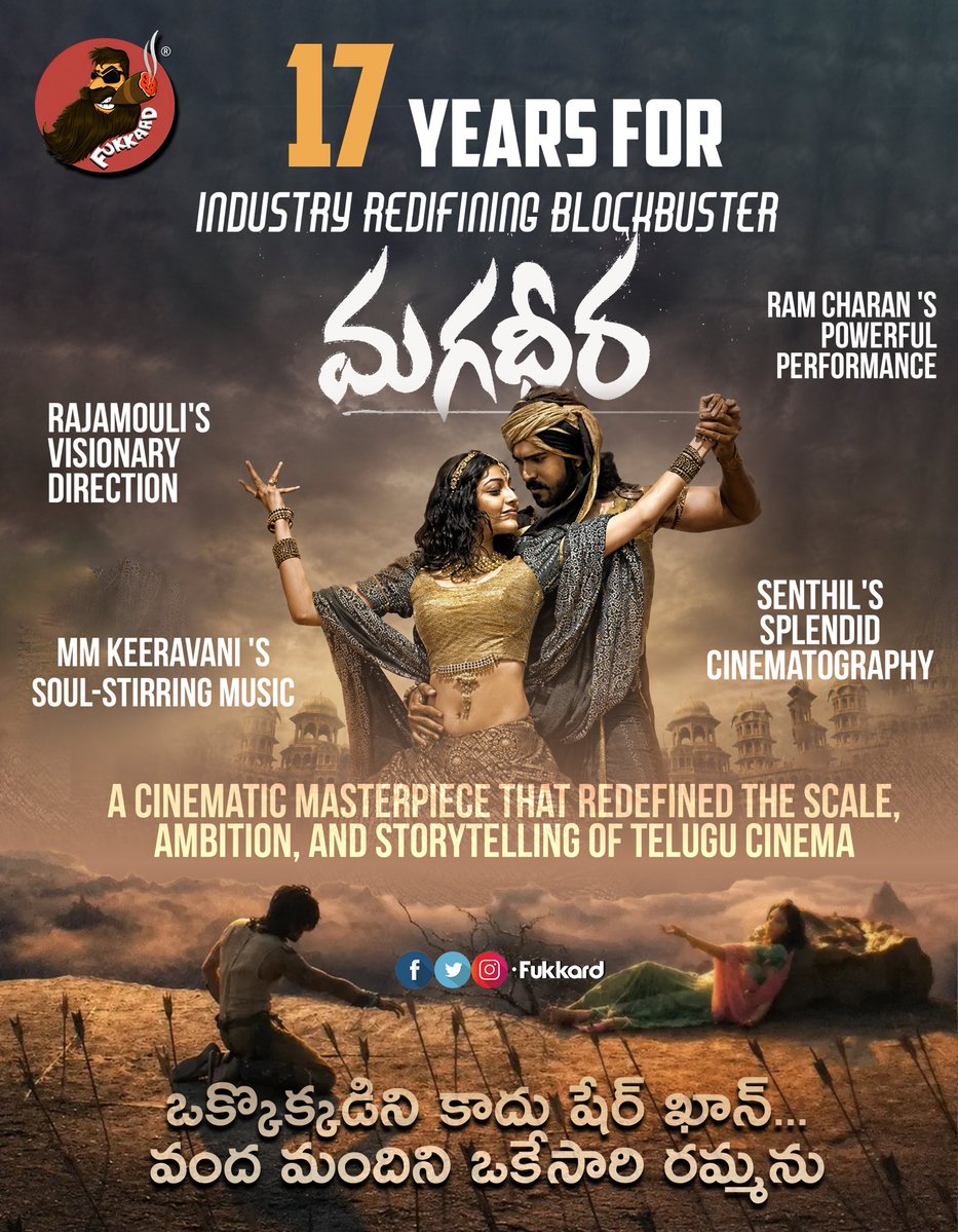 Fukkard's tweet photo. 17 Years for Mega Power Star #RamCharan’s Historic Industry Hit #Magadheera🦁🔥

#SSRajamouli #Keeravani @MsKajalAggarwal #SriHari #KKSenthilKumar
#17YearsOfHistoricIHMagadheera https://t.co/DrO5fZlx64
