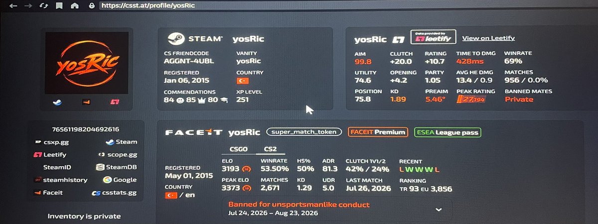 McRudy's tweet photo. funny games yesterday 4 games 4 times the same wallhacking 3k elo faceit player in my team, he was saying that premier is to easy for him thats why he have 100 aim, it was obvious that he is walling and probably he bought acc @FACEIT_Darwin can u check him? @CounterStrike https://t.co/omELWws05I
