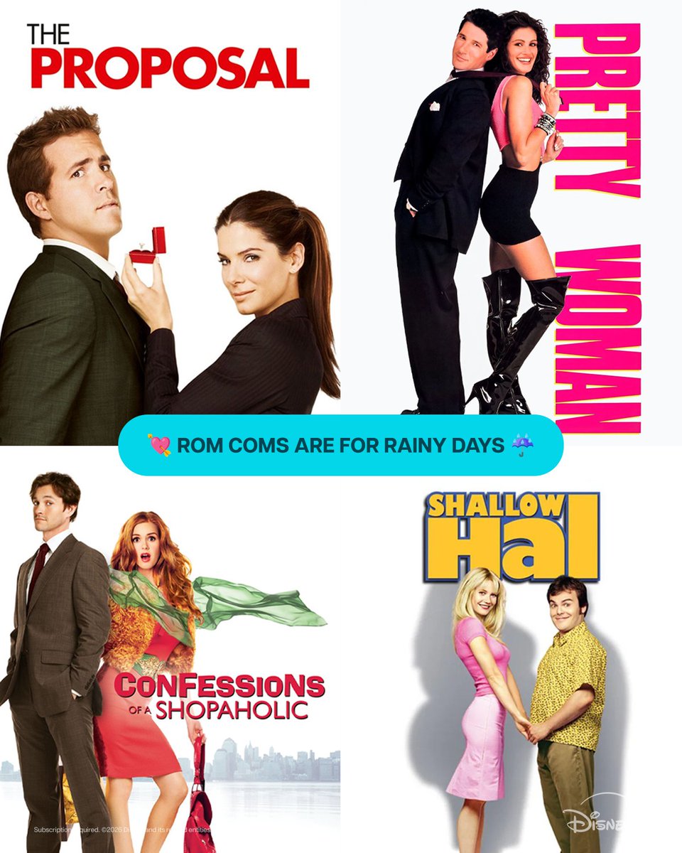 disneyplusph's tweet photo. Rom Com during rainy days just hits different ๐ Watch #TheProposal #PrettyWoman #ConfessionsOfAShopaholic & #ShallowHal on #DisneyPlusPH https://t.co/g1qQWMUS1J
