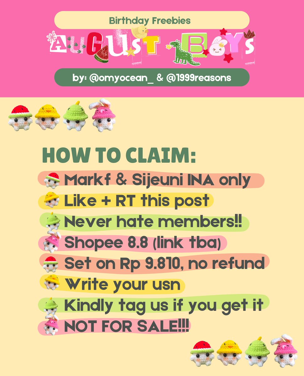 omyocean_'s tweet photo. 🎉💚 AUGUST BOYS FREEBIES ARE HERE!! 💚
By @omyocean_ &amp; @1999reasons

We cooked something tiny for august boys month 🧶✨
pls love this and tag us if you get one 🥰

good luck at the 8.8 war!! 🍀⚔️💚
🔗Link tba

*NOT FOR SALE 🚫 https://t.co/y6nv6AF1Ed