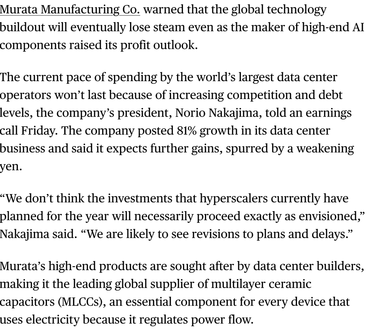 jukan05's tweet photo. I don’t understand why Murata would say this. Are they basically saying, “We’re not going to expand capacity, so we’ll just let others take our market share”? https://t.co/UAHsnD7WmS