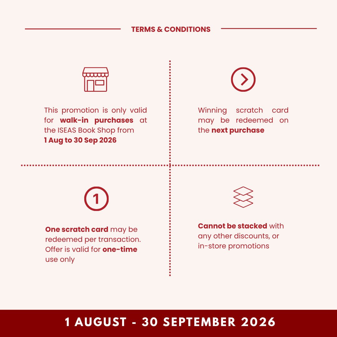 ISEAS's tweet photo. 🇸🇬 National Day Sale at ISEAS Publishing!

📚 50% OFF all titles in-store
🎁 Scratch card with S$30 spend
💻 20% OFF online with code NDP2026
📅 1 Aug-30 Sep 2026

🔗 https://t.co/uxuprv9TjH

#ISEASPublishing #SG61 #BookSale https://t.co/j8FKpBrbvy