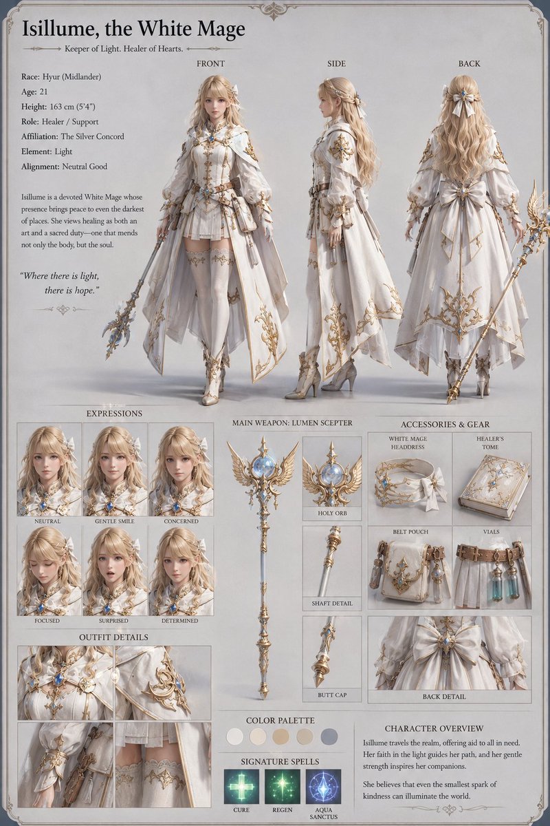 MaddieAndGoose's tweet photo. So apparently ChatGPT wants me to play FFXIV, and turned my White Mage into this. Would need a little work on the details, but a character reference like this is useful. https://t.co/hO8dTiqqQK