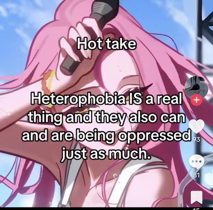 ThePandemos's tweet photo. Show me laws that criminalize being straight.
Show me camps that try and brain wash you to being straight.

If heterophobia is real in the same way homophobia is, there'd be laws, systemic discrimination, or widespread efforts to target straight people.

So show me. https://t.co/01rehud4Cz