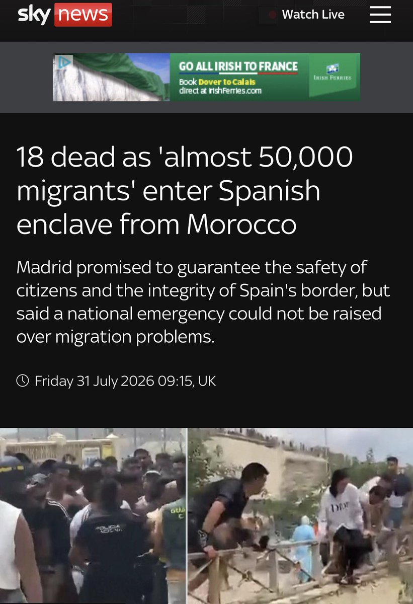 BGatesIsaPyscho's tweet photo. 🚨🇪🇸🇪🇺 Legacy Media estimates 50,000 Military Age Moroccan Muslims invaded Spain yesterday in just ONE day.

For context - this is almost the size of the entire British Military. https://t.co/qU8uWHuZx6