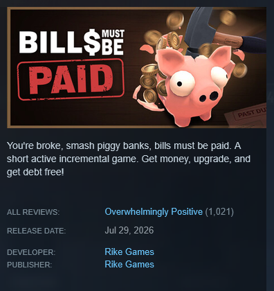 nexindie's tweet photo. 'Bills Must Be Paid' has reached 1,000 Steam reviews in less than 48 hours. https://t.co/8z8HZJUYwL