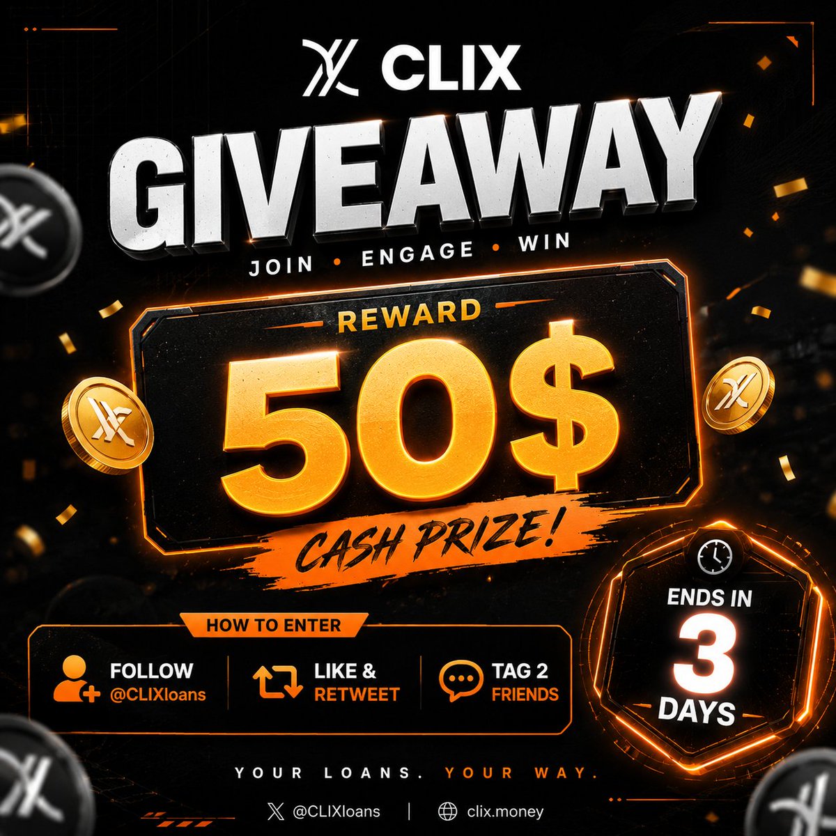 CryptoAs_TW's tweet photo. 🎉 CLIX $50 GIVEAWAY 🎉
It's time to win! 🚀
We're giving away $50 to one lucky winner!
📋 How to Enter:
✅ Follow @CLIXloans
❤️ Like this post
🔁 Repost (Retweet)
💬 Tag 2 friends in the comments
🎁 Reward: $50 USD
⏳ Ends: In 3 Days
The winner will be announced shortly after the campaign ends.
Good luck to everyone! 🍀
#CLIX #Giveaway #Crypto #Web3 #Airdrop #Win50 #CryptoCommunity #XGiveaway