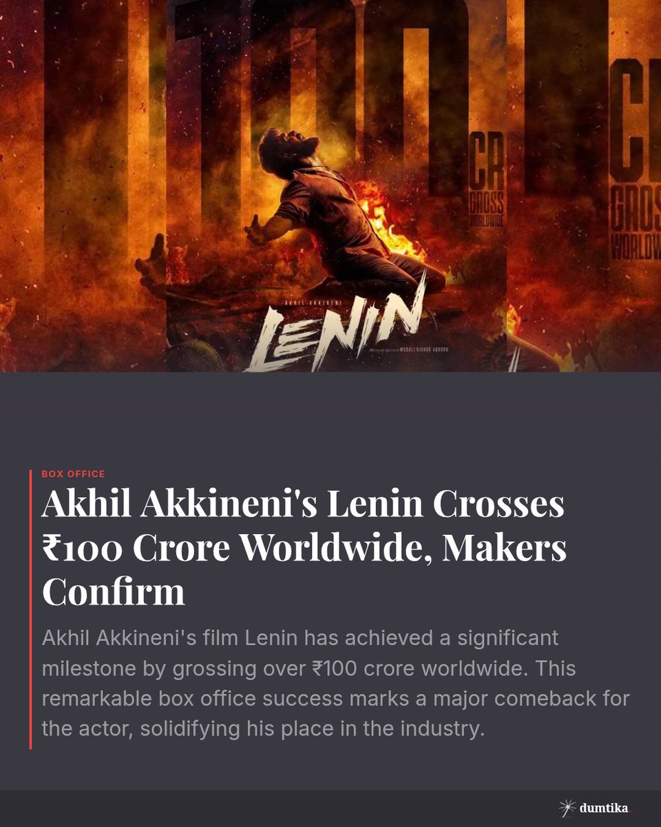 DumtikaMedia's tweet photo. Akhil Akkineni's #Lenin smashes box office with a ₹100 Cr global haul! 🎉 A stellar comeback that's winning hearts everywhere. Have you seen it yet? #BoxOfficeHit #AkhilAkkineni https://t.co/uMvDYOqUPZ