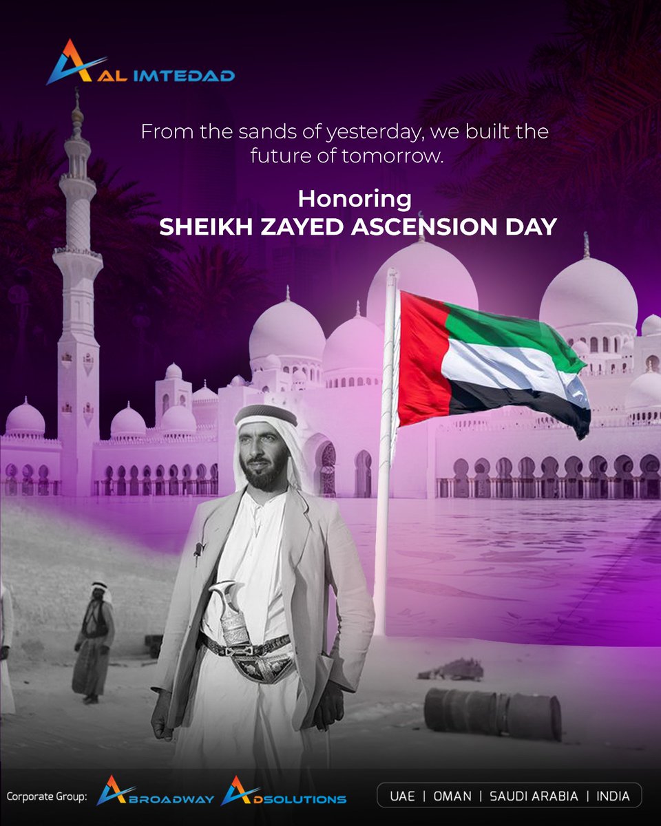 al_imtedad's tweet photo. AL IMTEDAD proudly honors Sheikh Zayed Ascension Day.
Remembering the legacy of Sheikh Zayed bin Sultan Al Nahyan and his vision of unity, progress, and prosperity for the UAE.
#SheikhZayed #AscensionDay #UAE #ALIMTEDAD https://t.co/jqdJPGREz8