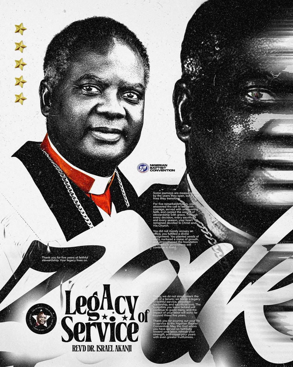 OfficialNBCHQ's tweet photo. There's nothing left to say but thank you.

Thank you for your faithful service.
Thank you for your unwavering leadership.
Thank you for your life of sacrifice.

Thank you!
Thank you!!
Thank you!!!

May the Lord continue to bless Rev. Dr. Israel Adelani Akanji and his family as they step into this new season.

#ThankYouZaki
#ALegacyOfService
#CelebratingTheAkanjis
#NigerianBaptistConvention