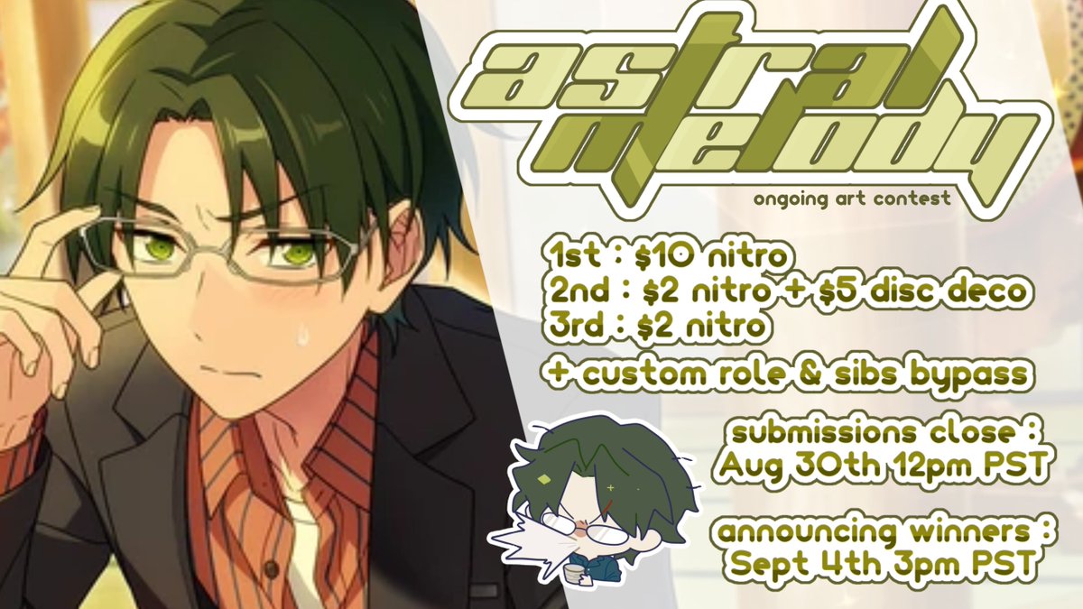 issaiamagi's tweet photo. ♬⋆.˚  Astral Melody is holding an art contest! .ᐟ 

「   1st.ᐟ $10 nitro
                 2nd.ᐟ $2 nitro + avatar deco
                                  3rd.ᐟ $2 nitro              」  

✩゛More information in our server! 
join now -> https://t.co/znPaSfI3Fj https://t.co/iRAVlPSdsX