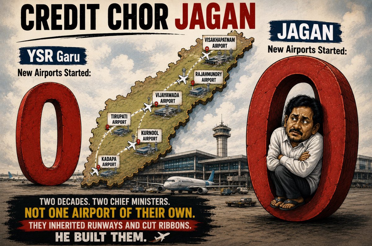 iTDP_Official's tweet photo. Zero Airports..
Zero Vision..
Zero @ysjagan..
The numbers speak louder than the slogans.
#YSRCPNeverAgain #UttarandhraKalalakuRekkalu
#BhogapuramAirport https://t.co/OIA96ZfGPE