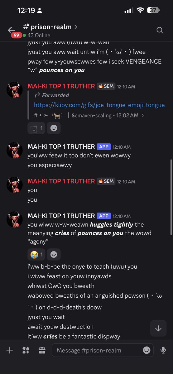 vozzlarpsjjk's tweet photo. i fucking hate this discord message-changing bot
the #SEMENSQUAD discord will pay for what they’ve subjected me to. https://t.co/gT96FxQUeo