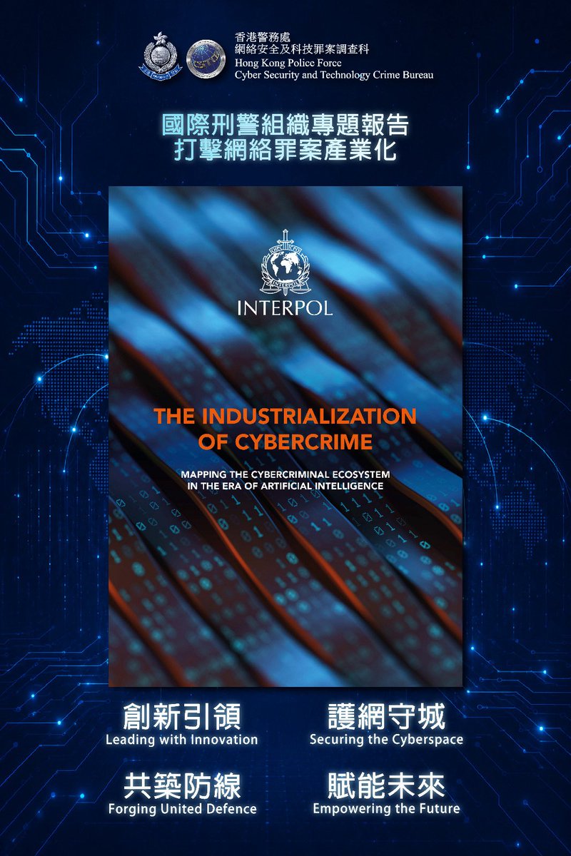 hkpoliceforce's tweet photo. 【 HKPF Drives International Policing Cooperation Against Cybercrime 】

Following the INTERPOL Cybercrime Expert Group (CyberEX) Annual Meeting in Hong Kong, CyberEX Chairperson Raymond LAM, the head of HKPF’s Cyber Security and Technology Crime Bureau continues to drive global cybercrime collaboration. 

CyberEX has released the first thematic paper "The Industrialization of Cybercrime — Mapping the Cybercriminal Ecosystem in the Era of AI." The paper offers strategic insights on how AI is reshaping the cybercrime landscape, and proposes a framework for action targeting the entire cybercriminal ecosystem: disrupt criminal infrastructure, correlate intelligence, raise the cost of cybercrime, and drive innovation.

Read the executive summary: 
https://t.co/7XIZ6dOScj

#HongKongPolice
#INTERPOL
#CyberEX
#Cybercrime
#Cybersecurity