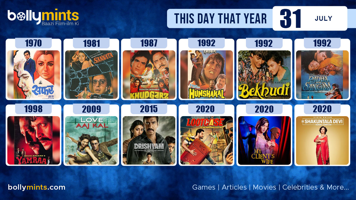 BollyMints's tweet photo. Here are the few #BollywoodMovies released on this day. Stay tuned at https://t.co/ohKmuyqHCy for more #updates #ThisDayThatYear #31July #Safar #Sannata #Khudgarz #Humshakal #Bekhudi #RadhaKaSangam #Yamraaj #LoveAajKal #Drishyam #Lootcase #MyClientsWife #ShakuntalaDevi https://t.co/1hH5NIN6J7