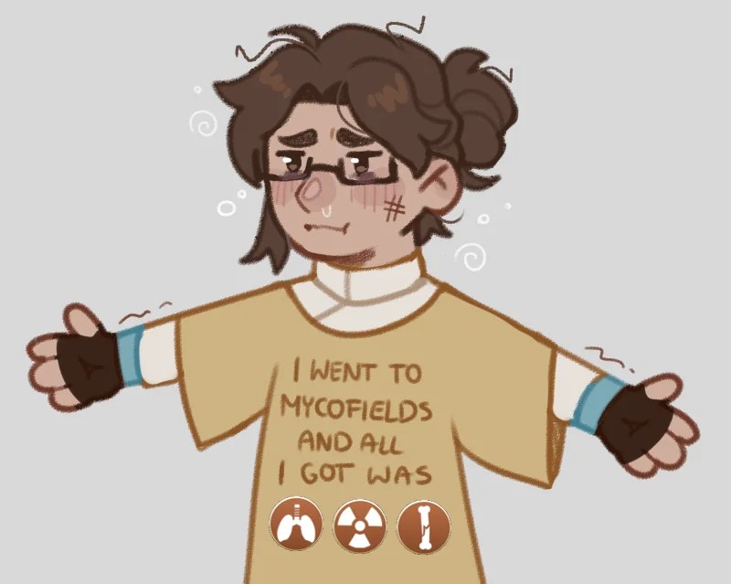ABFGame's tweet photo. Mycofields have got to be her least favorite portal world so far. But at least she got a t-shirt.

#FanArtFriday from u/BioHermistry. https://t.co/INuad26BYz