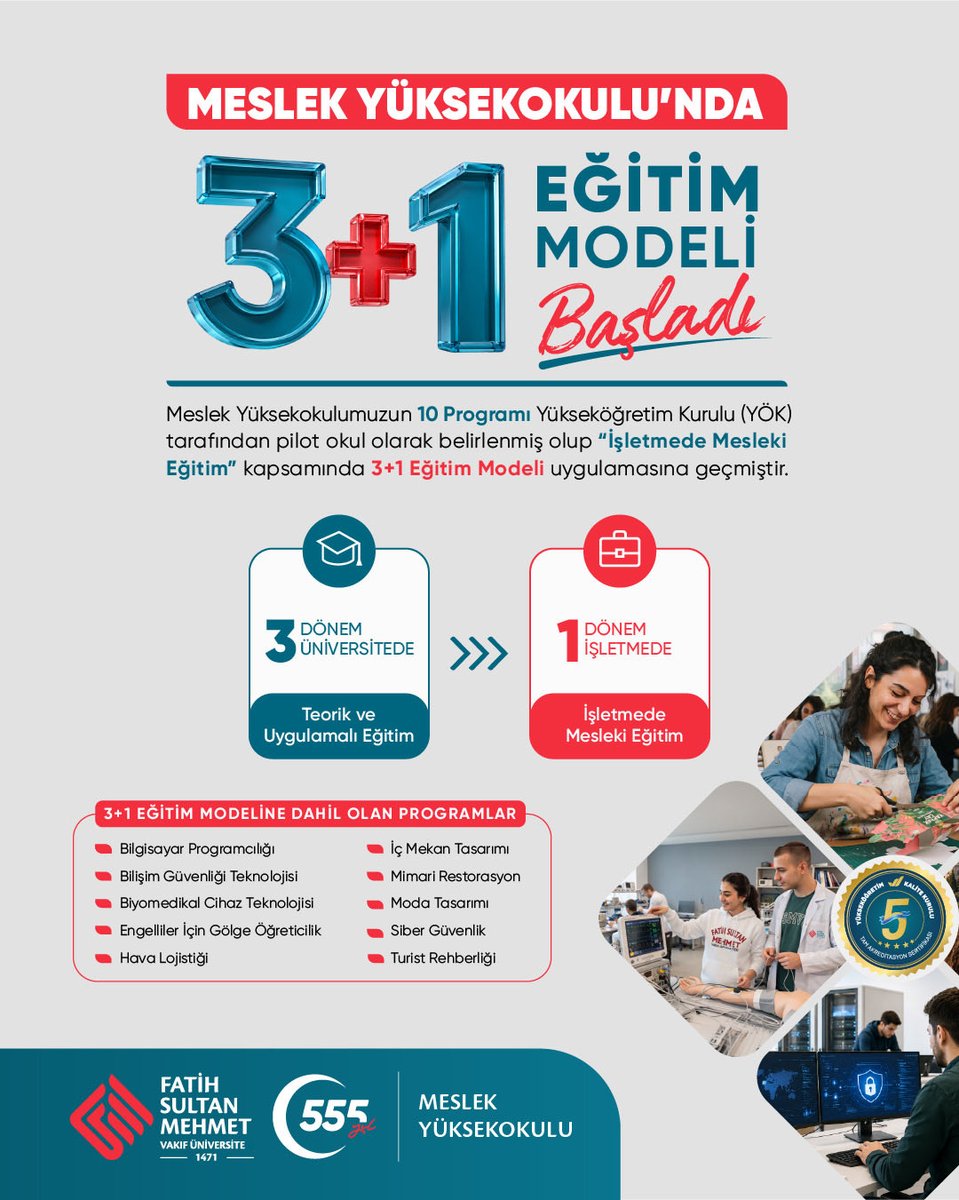 fsmvu's tweet photo. 🚀 MYO'da Yeni Dönem: 3+1 Eğitim Modeli Başlıyor!

Fatih Sultan Mehmet Vakıf Üniversitesi Meslek Yüksekokulumuz, YÖK tarafından "İşletmede Mesleki Eğitim (3+1 Modeli)" için pilot okul seçildi! 🎓✨

2026-2027 eğitim-öğretim yılından itibaren yeni öğrencilerimiz için geçerli olacak bu modelle, 3 dönem okulda teorik ve uygulamalı eğitim, 1 tam dönem ise doğrudan sektörde tam zamanlı çalışma imkanı sunuyoruz.

Bu Model Hangi Programlarda Uygulanacak?

💻 Bilgisayar Programcılığı

🔒 Bilişim Güvenliği Teknolojisi

🩺 Biyomedikal Cihaz Teknolojisi

🤝 Engelliler İçin Gölge Öğreticilik

✈️ Hava Lojistiği

🏡 İç Mekan Tasarımı

🏛️ Mimari Restorasyon

👗 Moda Tasarımı

🛡️ Siber Güvenlik

🗺️ Turist Rehberliği

Öğrencilerimize Ne Kazandıracak?

✔️ Mezun olmadan gerçek saha ve sektör tecrübesi
✔️ Güçlü iş ağları (networking) oluşturma fırsatı
✔️ Mezuniyet sonrası hızlı ve kolay istihdam

Nitelikli eğitim ve güçlü sektör iş birliğiyle geleceğe bir adım önde başlayın!