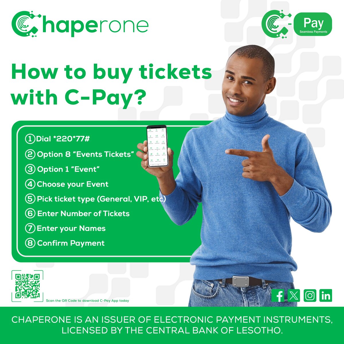 Chaperone_ltd's tweet photo. 🎉 Weekend plans?

Buy your event tickets the easy way with C-Pay.

📱 Dial 22077#
🎟️ Select Event Tickets
💳 Pay securely
✅ Enjoy the event!
Fast. Secure. Convenient.

#CPay #Chaperone #EventTickets #WeekendReady #Lesotho https://t.co/Yfbuw6UMIy