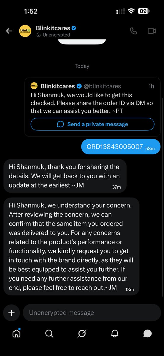 ShanmukT's tweet photo. @blinkitcares In public you try to be responsible but in private message you ask me to get in touch with brand directly, you filthy idiots. I have purchased an product on your platform and i haven’t got the one i have ordered for and for that i need to go around brand customer care with this ! https://t.co/a8ZjrrmMfr