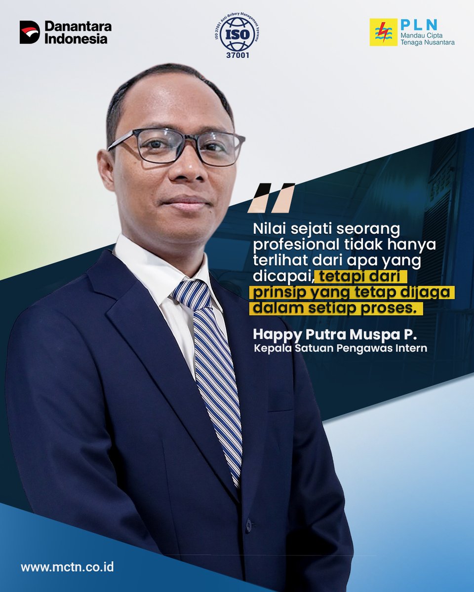 PLN_MCTN's tweet photo. Kutipan dari Bapak Happy Putra Muspa P. (Kepala Satuan Pengawas Intern), mengingatkan bahwa integritas bukan sekadar kepatuhan terhadap aturan, melainkan nilai yang menjadi landasan dalam setiap tindakan dan pengambilan keputusan.

#PLNMCTN #DanantaraIndonesia #SMAP #ISO37001 https://t.co/Q8xTHvfxCd