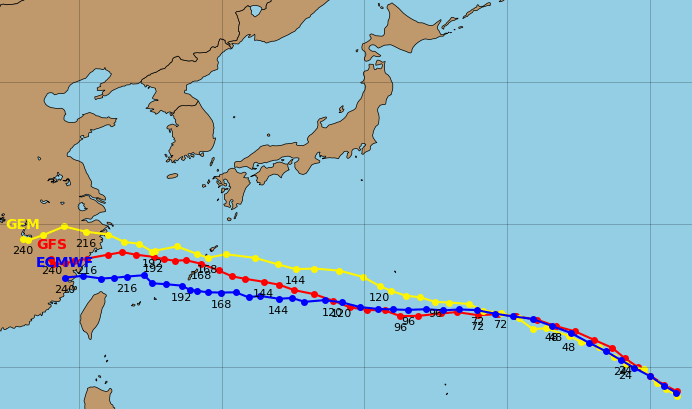 STY1330's tweet photo. #台風13号　#沖縄
31日9時初期値の最新データ

結局、海軍が大幅に変更となり大気庁とヨーロッパに寄せていく形となり、南西諸島から大陸へ向かわせている

なお、これはアンサンブルメンバーのように群れで予測しているのと違い一本出しでガチャ要素が強い予測なので初期値の変化によりまた変わってくることもあり得る

※出典tropicaltidbits