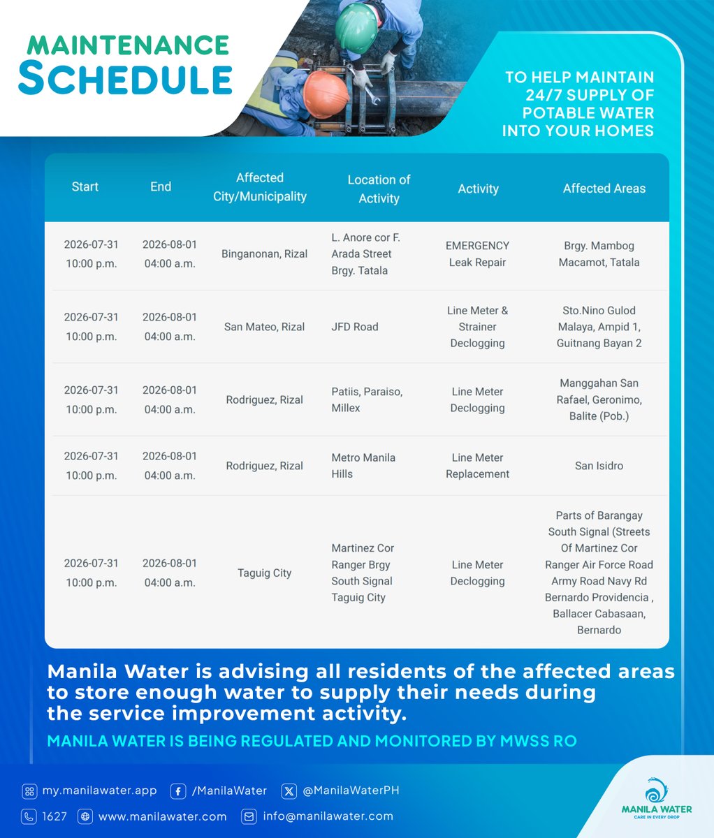 ManilaWaterPH's tweet photo. SERVICE ADVISORY: Emergency repair and maintenance activities scheduled TONIGHT, July 31, 2026 affecting parts of Taguig, Mandaluyong, Quezon City, Rodriguez, San Mateo & Binangonan, Rizal.

See full list: https://t.co/TJuI5LCHwV

Manila Water is being regulated and monitored by @mwssro
