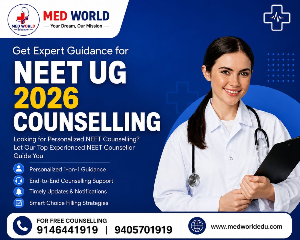 medworld1919's tweet photo. Confused about NEET UG 2026 Counselling?  smart choice-filling strategies, and end-to-end support with Med World Education! 🩺✨
​📞 Call now: 9146441919 / 9405701919
🌐 Visit: https://t.co/RR9WmPDUuI
​#NEET2026 #NEETCounselling #MedWorldEducation #MedicalAdmission https://t.co/Fsu0u8YKVl