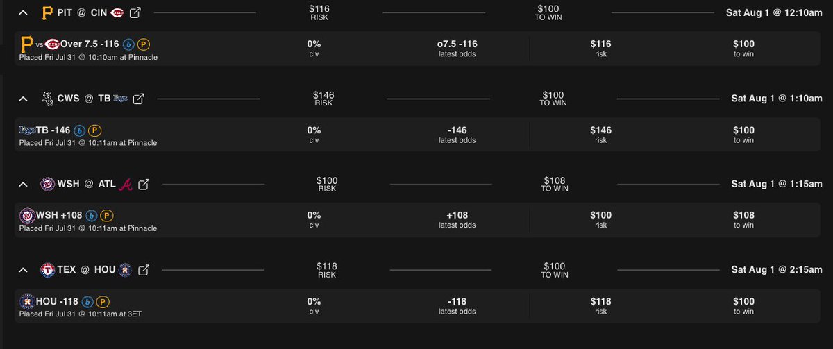 TheBarrelZone's tweet photo. 07/31: Day 24 of July Bankroll Challenge π’ Today's +EV play: PIT @ CIN Over 7.5 -116 (Pinnacle)
Full card attached, 4 plays.
Projections posted on my Discord: https://t.co/5MpuZcVRFK
https://t.co/NrvIUQzu42 #BankrollChallenge https://t.co/DiGKpQzNxP