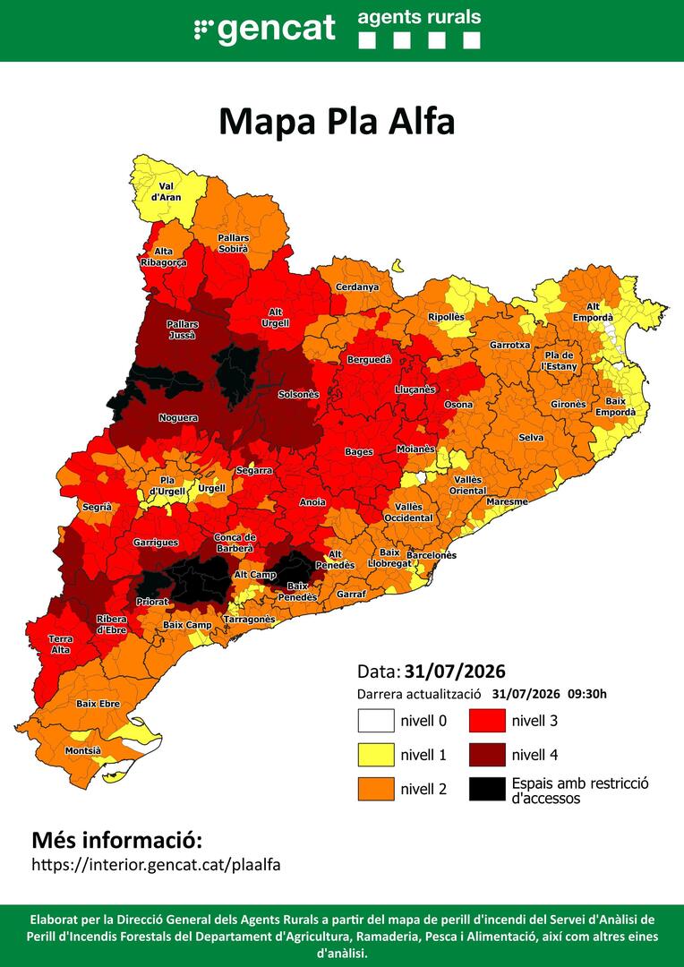 sfadfcat's tweet photo. 🔴Aquest és el mapa del #PlaAlfa d'@agentsruralscat per avui.
   
📍Consulta el mapa per conèixer quin nivell hi ha activat al teu municipi o a la teva comarca⤵️ 

#somADF #somterritori #adfcat https://t.co/EesD4JuTyY