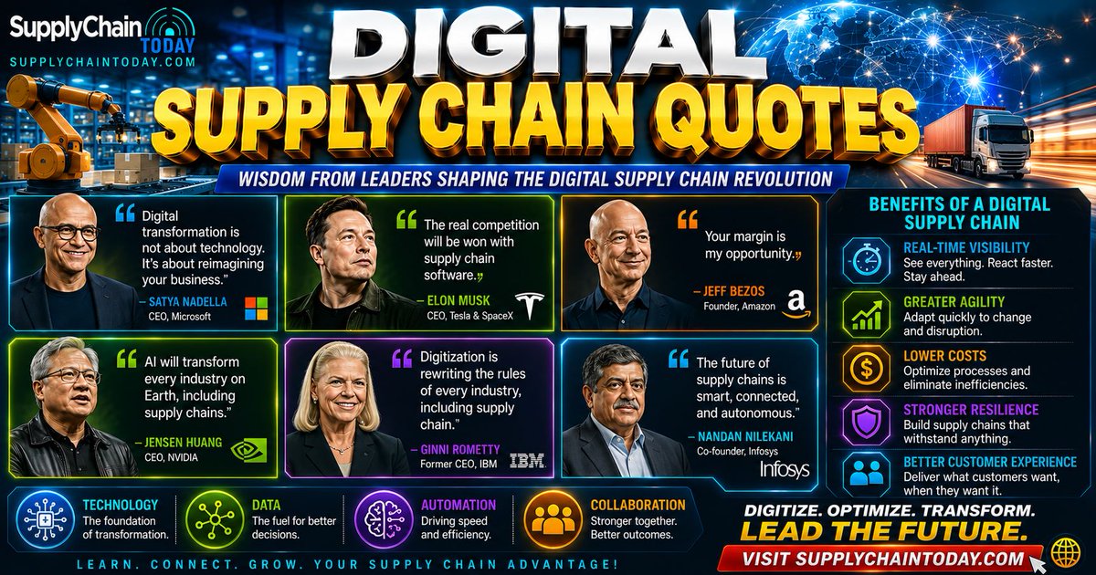 LogisticsStuff's tweet photo. Digital Transformation and Supply Chain Quotes. https://t.co/bMvrmMP2qz
“Many supply chains are perfectly suited to the needs that the business had 20 years ago.” ~Jonathan Byrnes, Senior Lecturer at MIT
#SupplyChain #SupplyChainManagement #supplychainquotes #logisticsquotes https://t.co/8FmO6nWuNH