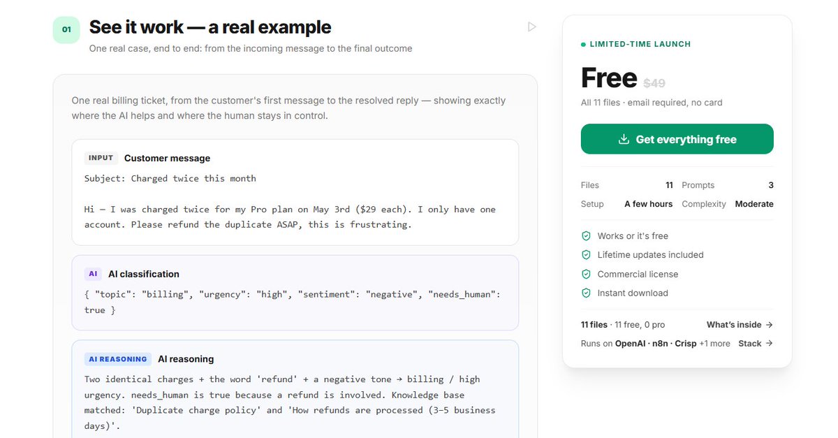 agenticscales's tweet photo. I built a production-ready AI Customer Support Workflow for n8n.

Instead of launching it at $49, I'm making it free for early adopters while I gather feedback and improve the product.

You'll get:

Complete n8n workflow
AI prompts
Setup documentation
Commercial license
Lifetime updates

If you build with AI or n8n, I'd genuinely appreciate your feedback.

Link 👇

https://t.co/9drHCNJx2c