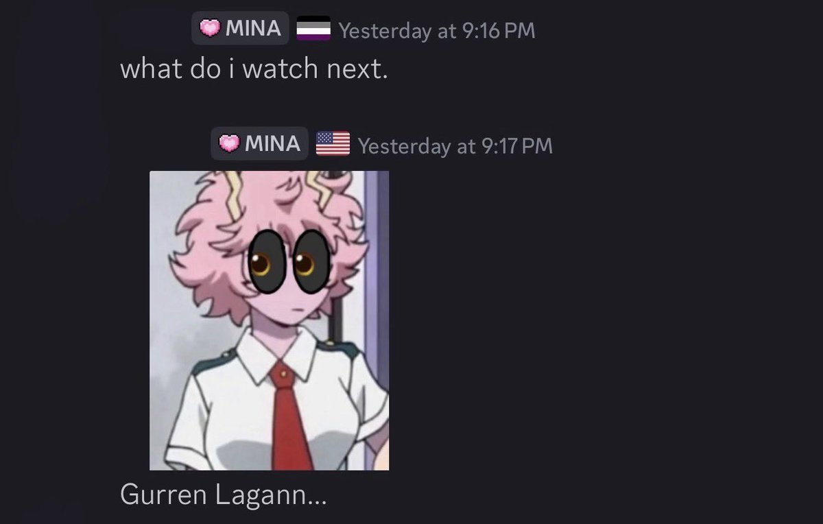 Private_Pink_'s tweet photo. Putting oomfs onto peak. I will always spread the glory of Gurren Lagann https://t.co/JPmoMCDYPV