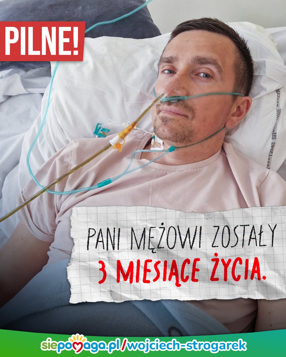 siepomaga's tweet photo. „Pani mężowi zostały 3 miesiące życia."

Przyjechaliśmy do szpitala z podejrzeniem zapalenia wyrostka. Wróciliśmy z WYROKIEM! Tylko że my go nie przyjęliśmy!

Wojtek to mój ukochany mąż, mężczyzna nie do zdarcia. Gdy padła brutalna diagnoza: gruczolakorak jelita w IV stadium, z przerzutami do wątroby i węzłów chłonnych, powiedział: „To nie ja źle trafiłem. TO RAK ŹLE TRAFIŁ!”

https://t.co/H0240q1vm7

W ciągu tygodnia Wojtek przeszedł operację, ale nie pomogła! JELITA PRZESTAŁY PRACOWAĆ! Tak bardzo bałam się, że go stracę! Wojtek przechodzi teraz terapię prywatną. Schudł aż 20 kilo w 2 miesiące. Niektórzy znajomi go nie poznają... Niestety standardowa chemia w ramach NFZ to leczenie paliatywne. Takie, które nie leczy, tylko przedłuża życie. Dla nas to nie jest rozwiązanie, nie bierzemy tego w ogóle pod uwagę.

Nie będziemy płakać – będziemy walczyć i korzystać z każdego dnia. Mamy jeden cel: zniszczyć raka. Naszą największą przeszkodą są niestety pieniądze. Dlatego z całego serca błagam o pomoc.

https://t.co/H0240q1vm7

Justyna, żona Wojtka