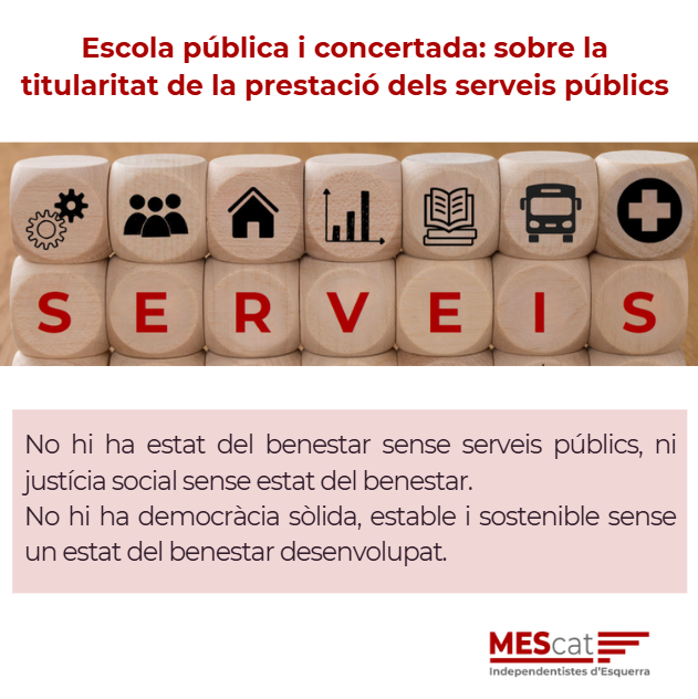 MovEsquerresCat's tweet photo. Escola pública i concertada: sobre la titularitat de la prestació dels serveis públics.
No hi ha estat del benestar sense serveis públics, ni justícia social sense estat del benestar. Així mateix, no hi ha democràcia sòlida, estable i sostenible sense un estat del benestar desenvolupat. Del futur dels nostres serveis públics en depèn el futur de les nostres democràcies.
Nota de posicionament de MEScat: https://t.co/cD2NQVF9tr