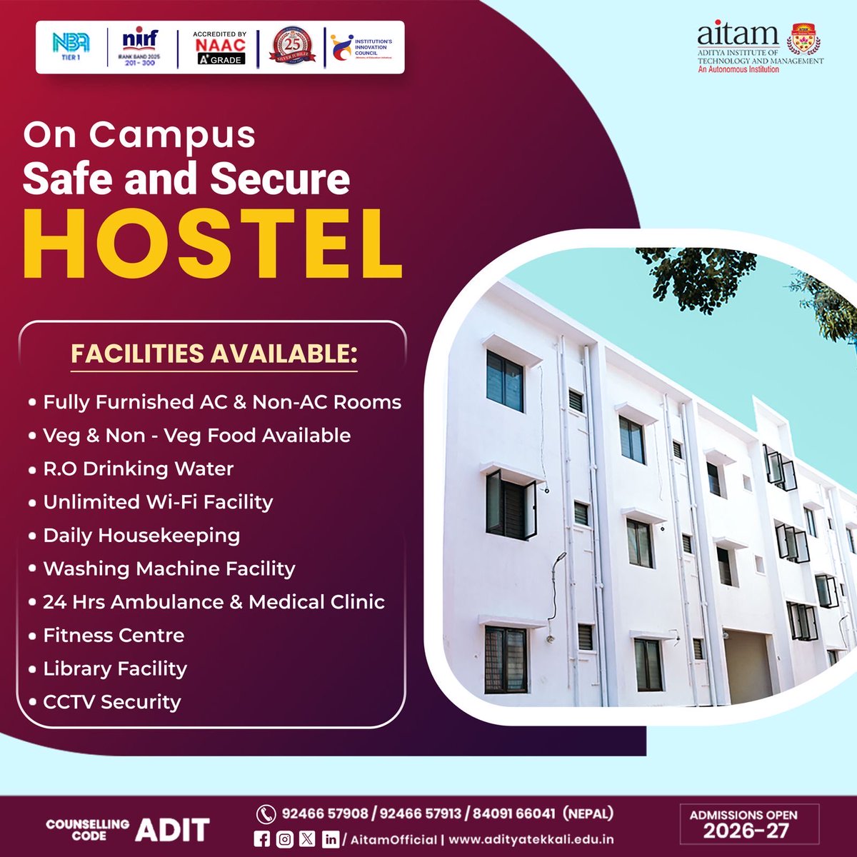 AitamOfficial's tweet photo. At AITAM, we believe every student deserves a safe, comfortable, and welcoming place to live. Our on-campus hostels are thoughtfully designed to provide a secure environment where students can focus on academics,
#aitam #bestengineeringcollege #topengineeringcollege https://t.co/oFG48BYDvk