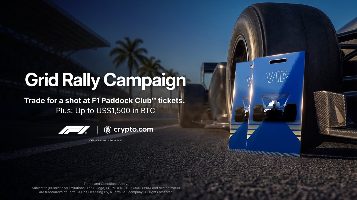cryptocom's tweet photo. 🏁 The Grid Rally Campaign is now live!

Trade $200 of $CRO for a shot at: 

🎟️ F1 https://t.co/vCNztATkNg Paddock Club™ tickets 
🏆 $BTC rewards
 
📆 Until Aug 30
Details ➡️ https://t.co/qu6IMGZCBC https://t.co/WECdANgbQJ