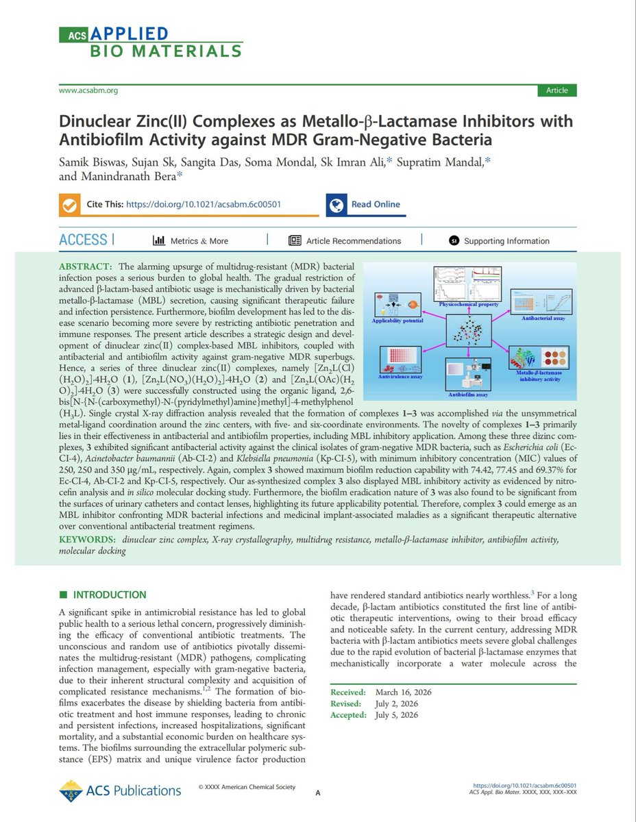 SM_Research_Grp's tweet photo. Our latest publication in @ACS_ABM. We have strategically developed a Zn-based complex that inhibits MBL enzymes &amp; restores β-lactam antibiotic activity. Grateful to @ICMRDELHI for funding this research. Congratulations to all the authors.

https://t.co/ZZiumU02Ji https://t.co/MLoQ2SOrKL