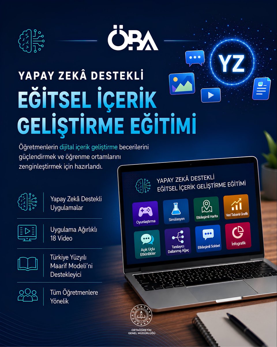 meb_ogm's tweet photo. YAPAY ZEKÂ DESTEKLİ EĞİTSEL İÇERİK GELİŞTİRME EĞİTİMİ ÖBA'DA YAYIMLANDI

📌 Genel Müdürlüğümüz tarafından hazırlanan "Yapay Zekâ Destekli Eğitsel İçerik Geliştirme Semineri", öğretmenlerin yapay zekâ destekli dijital içerik geliştirme becerilerini güçlendirmek amacıyla ÖBA'da erişime açıldı.

🤖 Eğitimde; oyunlaştırılmış içerikler, simülasyonlar, etkileşimli haritalar, infografikler, açık uçlu etkinlikler ve yapay zekâ destekli farklılaştırılmış öğretim uygulamalarına yönelik örneklere yer veriliyor.

🎓 Tüm öğretmenlere yönelik hazırlanan seminer, derslerin amaçları ve öğrenme çıktılarıyla uyumlu, etkileşimli ve öğrenci odaklı içeriklerin geliştirilmesini desteklemeyi hedefliyor.

🚀 Uygulama ağırlıklı eğitimle öğretmenlerin yapay zekâ araçlarını pedagojik amaçlarla etkili kullanmaları ve öğrenme ortamlarını zenginleştirmeleri amaçlanıyor.

🔗 Detaylar 👉 https://t.co/3FhbfqO80X

@tcmeb @Yusuf__Tekin @farukyelkenci @cengizmete