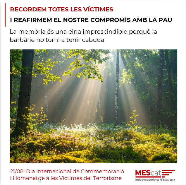 MovEsquerresCat's tweet photo. Avui, Dia Internacional de Commemoració i Homenatge a les Víctimes del Terrorisme, homenatgem les víctimes i reafirmem el nostre compromís amb la pau, la convivència i la defensa dels drets humans. La memòria és una eina imprescindible perquè la barbàrie no torni a tenir cabuda.
#Terrorisme #justicia