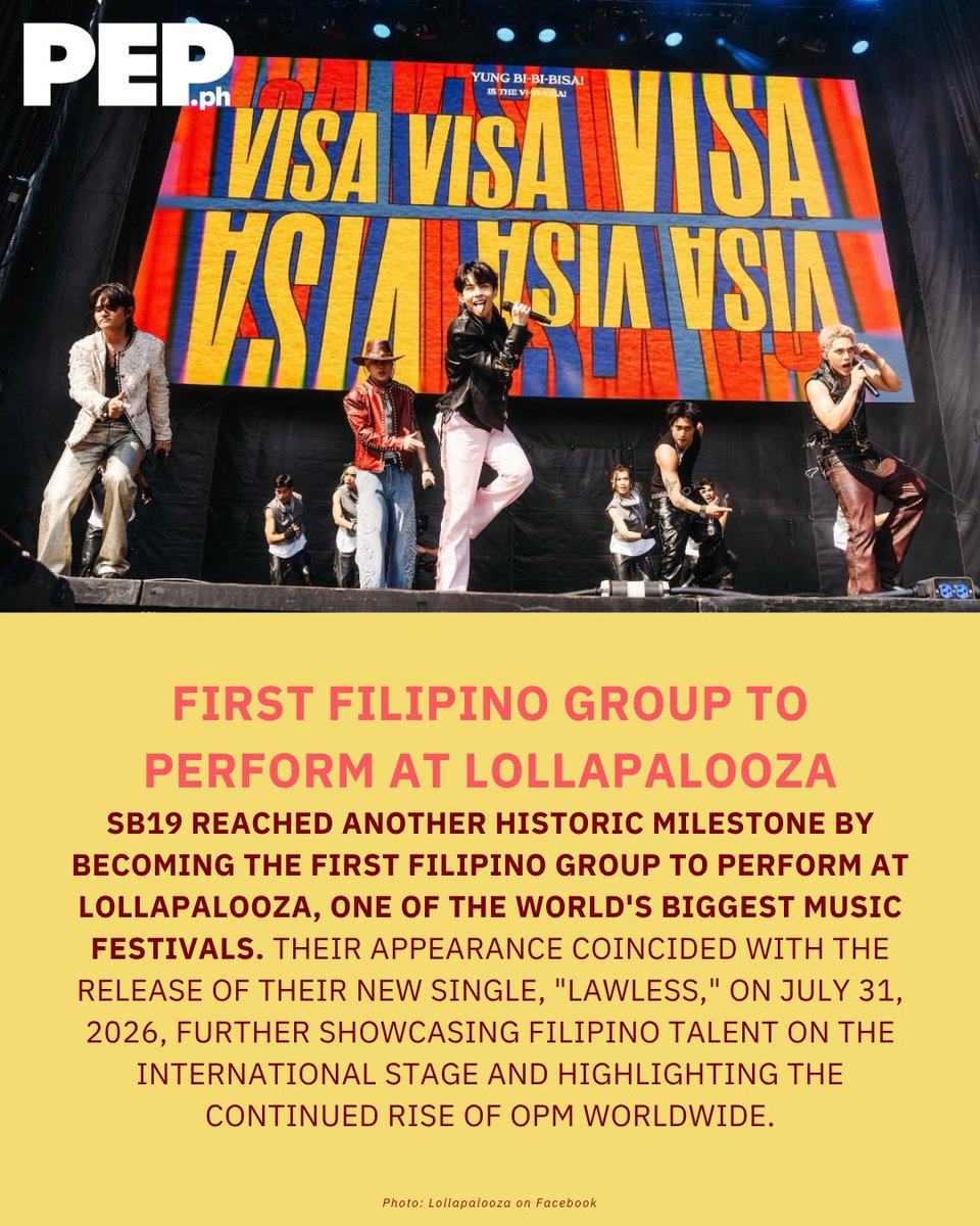 PEPalerts's tweet photo. HISTORY AFTER HISTORY FOR SB19! 🇵🇭✨

Swipe through to look back at three major milestones that defined SB19 and Live Nation Philippines' remarkable year and helped bring OPM to an even bigger global audience. 

#SB19 #Lollapalooza #Lollapalooza2026 #PEPSocial #PEPAly https://t.co/SK6XDEm0zl