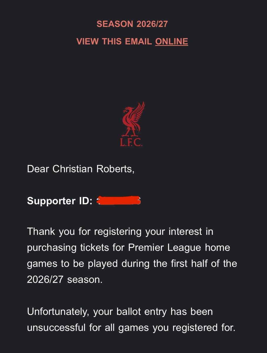 Christian_L_R's tweet photo. @LFC I’ve been a member for donkeys’ years. Every season I enter the ballot for myself and my daughter, and every season it’s the same result. No tickets.

What is the point of continuing to pay for club membership if you never have a realistic chance of getting a ticket? https://t.co/D7oWyXQvzB