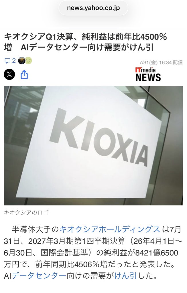 chuzaiina's tweet photo. 【話題】キオクシア、純利益46倍　AI需要で過去最高、26年4～6月期
.
半導体大手キオクシアHDの決算発表
純利益前年比4500%増😂
.
5月に公表していた8690億円とする予想は下回ったが、過去最高を更新

売上高も約5.2倍の1兆7671億円

生成AI（人工知能）の成長に欠かせないデータセンターの建設が世界的に進み、センターで使われるキオクシアの主力製品「NAND型フラッシュメモリー」の需要が高まっている。販売価格が上昇し、長期の供給契約を結ぶ取引先も増えている

業績は引き続き好調で、2026年7～9月期の純利益は前年同期の約31倍の1兆2700億円を見込む

2026年9月中間の半年の累計としては2兆1千億円を超える見通しとのこと

業績は絶好調やな。ほんで、株価はどうなんの？一応株主だから気になってます🫣
